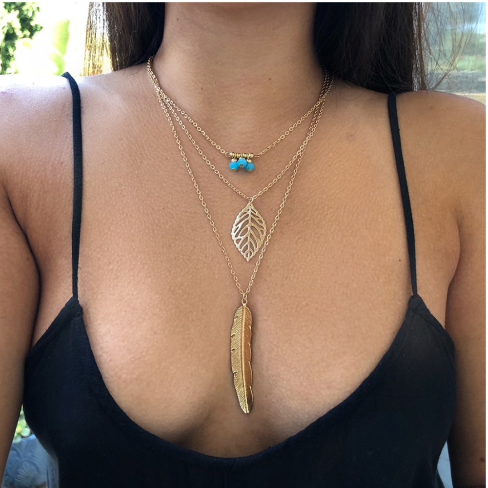 3/$30 Gold Teal 3 Layering Necklace Leaf Feather